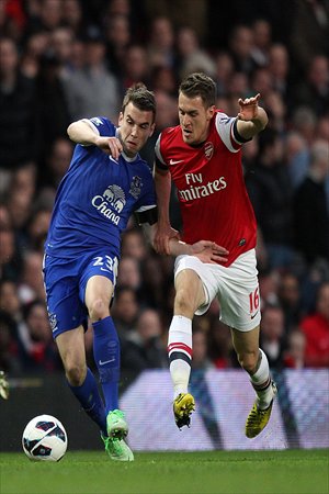 Seamus Coleman (left) of Everton battles for the ball with Arsenal's Aaron Ramsey on Tuesday. Photo: CFP