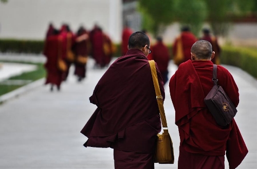 Monks walk towards their dorms after class in the Tibet Buddhist Theological Institute in the township of Nyetang, Lhasa, capital of southwest China's Tibet Autonomous Region. Featuring a distinctive Tibetan architecture style, the institute was opened in October 2011 and has 150 students including tulkus and monks from various Tibetan Buddhist sects. (Xinhua/Purbu Zhaxi)