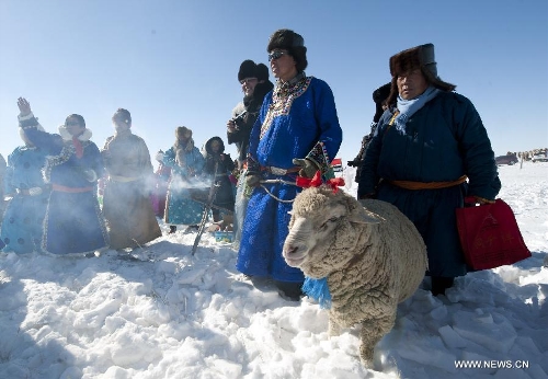 Herdsmen decorate a goat in celebration of the traditional livestock prosperity festival at Hexigten Banner in Chifeng, north China's Inner Mongolia Autonomous Region, Feb. 21, 2013. The festival is a special day typically held around the Spring Festival, on which nomadic Mongolians celebrates the 