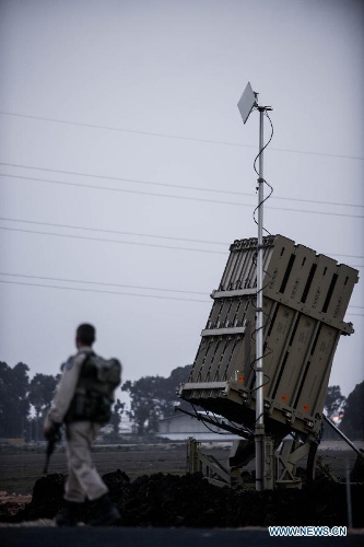 An Iron Dome battery is deployed in the Haifa area, North Israel, on Jan. 27, 2013. Israel has recently deployed Iron Dome anti-missile batteries in its northern part, an Israeli Defense Forces (IDF) spokesperson confirmed Sunday. (Xinhua/Jini) 
