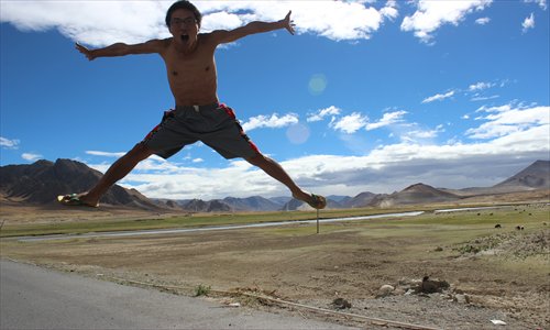 Fan Chang jumps in Tingri County in the Tibet Autonomous Region. 