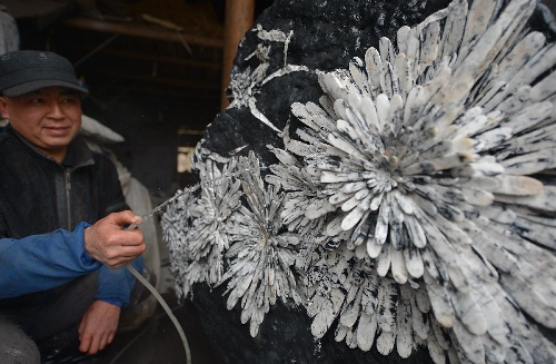 A craftsman named Yang Binwu washes a handicraft made of chrysanthemum stone in a workshop in Enshi, central China's Hubei Province, Jan. 12, 2013. 
