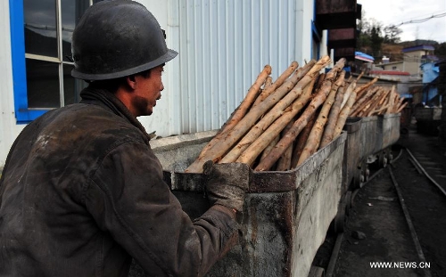 A miner helps convey rescue materials to the coalmine in which a coal and gas outburst has left two people dead at the Jinjia Coal Mine under the Panjiang Investment Holding Group in Liupanshui City, southwest China's Guizhou Province, Jan. 20, 2013. Rescuers have been working for 42 hours until 1 p.m. on Jan. 20, but they failed to find the trapped miners. (Xinhua/Yang Ying)