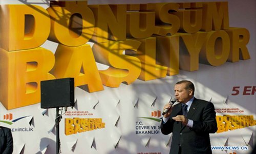 Turkish Prime Minister Recep Tayyip Erdogan speaks during a gathering in Istanbul on October. 5, 2012. Turkey should be prepared for war if it wants to have peace, Turkish Prime Minister Recep Tayyip Erdogan said in Istanbul on Friday. Erdogan's comments came two days after Syrian artillery shells landed in Turkey's southeastern town of Akcakale, killing five Turks and wounding several others. Photo: Xinhua