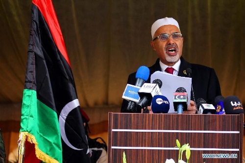 &nbsp;President of the General National Congress of Libya Mohammed Megaryef addresses a celebration for the second anniversary of the uprising that toppled the regime of strongman Muammar Gaddafi in Benghazi, on Feb. 17, 2013. (Xinhua/Mohammed El Shaiky) 