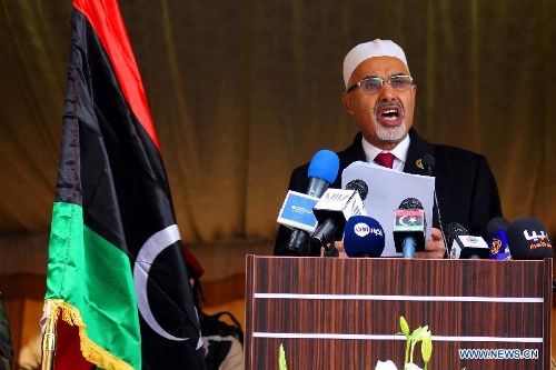 President of the General National Congress of Libya Mohammed Megaryef addresses a celebration for the second anniversary of the uprising that toppled the regime of strongman Muammar Gaddafi in Benghazi, on Feb. 17, 2013. (Xinhua/Mohammed El Shaiky) 