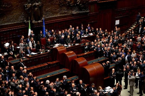 Chamber of Deputies Speaker Laura Boldrini (C L) announces the winning of Giorgio Napolitano in Rome, Italy, on April 20, 2013. Italian President Giorgio Napolitano on Saturday won election for a second mandate in a move to solve Italy's political impasse. (Xinhua/Xu Nizhi) 