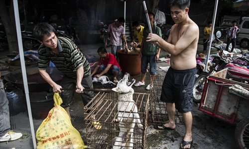 A dog howls at its fate at a slaughterhouse in Yulin. Photo: Li Hao/GT