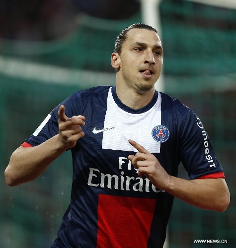 Paris Saint-Germain's Zlatan Ibrahimovic celebrates his first score during a French League 1 football match between Paris St Germain and Brest at Parc des Princes stadium in Paris on May 18, 2013. Paris Saint-Germain won 3-1. (Xinhua/Wang Lili)