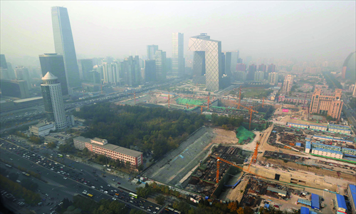 A smoggy day in Beijing's Central Business District Photo: CFP