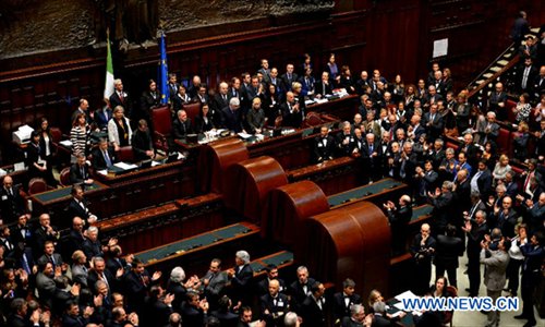 Chamber of Deputies Speaker Laura Boldrini (C L) announces the winning of Giorgio Napolitano in Rome, Italy, on April 20, 2013. Italian President Giorgio Napolitano on Saturday won election for a second mandate in a move to solve Italy's political impasse. Photo: Xinhua