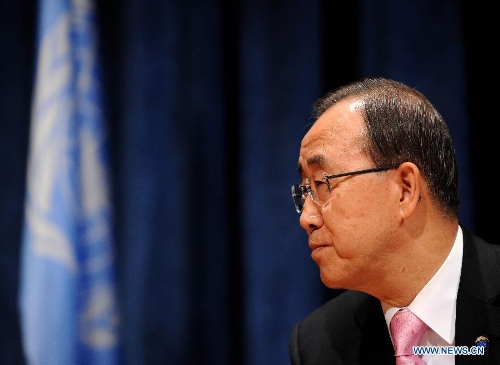 UN Secretary-General Ban Ki-moon speaks at his first press conference this year at the UN headquarters in New York, the United States, Jan. 22, 2013. Ban Ki-moon on Tuesday called for an innovative action to deal with the numerous challenges facing the world and to meet shared goals such as sustainable development, disarmament and conflict resolution. (Xinhua/Shen Hong) 