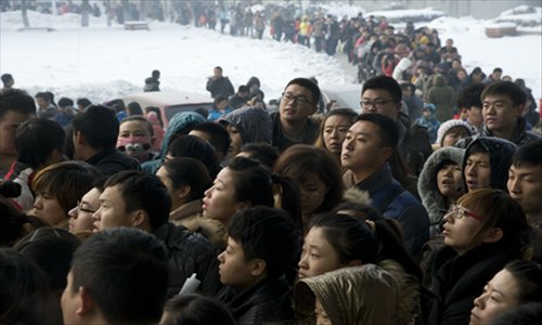 Candidates line up at Harbin University of Science and Technology on Sunday in the capital of Heilongjiang Province. Photo: CFP