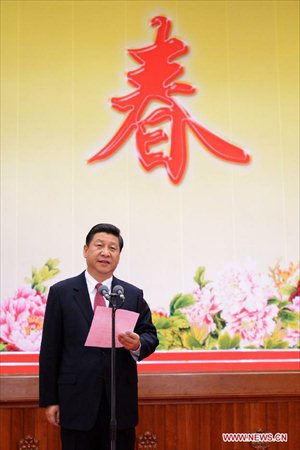 Xi Jinping, general secretary of the Central Committee of the Communist Party of China and chairman of the Central Military Commission, presides over a Spring Festival reception held by the Central Committee of the Communist Party of China and the State Council (Cabinet) at the Great Hall of the People in Beijing, capital of China, Feb. 8, 2013. Photo: Xinhua