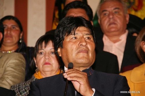 Bolivia's President Evo Morales gives a speech after the news of Venezuelan President Hugo Chavez's death was released, in La Paz, Bolivia, on March 5, 2013. According to the local press reports, Evo Morales said he is 
