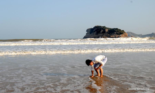 A tourist plays on the beach of the Nanji Island, east China's Zhejiang Province, October 14, 2012. The 7.64-square kilometer Nanji Island, as the largest island of the Nanji Islands, was named for its muntjac shape. The archipelago were listed as China's first level-five marine nature reserve in 1990. Photo: Xinhua
