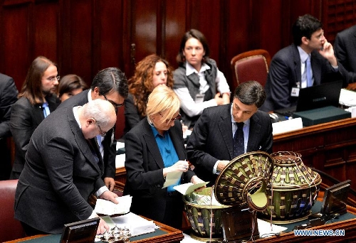 Staff members count the votes for the speaker of Italy's Chamber of Deputies in Rome, Italy, on March 16, 2013. Italy's new parliament on Saturday elected the speakers of the Chamber of Deputies and of the Senate, ending a two-day session on its second official day as the country's legislative body. (Xinhua/Xu Nizhi) 
