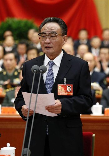 Wu Bangguo, a member of the Standing Committee of the Political Bureau of the Central Committee of the Communist Party of China (CPC) and China's top legislator, presides over the opening ceremony of the 18th CPC National Congress at the Great Hall of the People in Beijing, capital of China, on Nov. 8, 2012. The 18th CPC National Congress opened in Beijing on Thursday. Photo: Xinhua