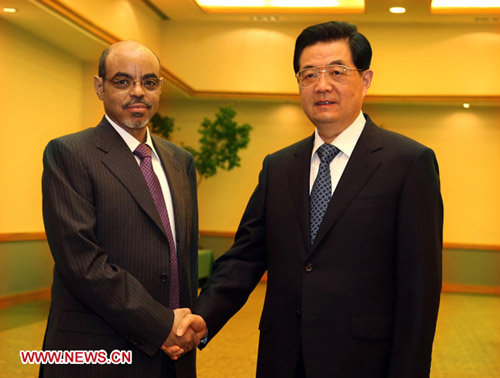 Chinese President Hu Jintao (R) meets with Ethiopian Prime Minister Meles Zenawi in Los Cabos, Mexico, June 17, 2012. Photo: Xinhua