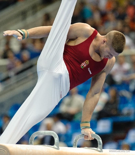 Hungary's Krisztian Berki competes on the pommel horse during the 5th Men's and Women's Artistic Gymnastics Individual European Championships in Moscow, Russia, April 17, 2013. The event kicked off here on Wednesday.(Xinhua/Jiang Kehong) 
