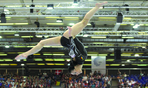 Catalina Ponor perform on the balance beam at the European Women's Artistic Gymnastics Championships in Brussels on May 13. Photo: IC