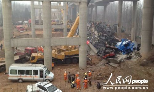 An expressway bridge partially collapsed due to a truck explosion Friday morning in central China's Henan Province. The explosion, which occurred around 8:52 am, caused several vehicles to tumble from the bridge in Mianchi County. Photo: people.com.cn