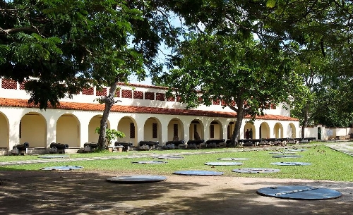 &nbsp;Photo taken on April 28, 2013 shows cannons of different periods at Fort Jesus in Mombasa, Kenya. The Fort, built by the Portuguese in 1593-1596 to the designs of Giovanni Battista Cairati to protect the port of Mombasa, is one of the most outstanding and well preserved examples of 16th Portuguese military fortification and a landmark in the history of this type of construction. The Fort's layout and form reflected the Renaissance ideal that perfect proportions and geometric harmony are to be found in the human body. The property covers an area of 2.36 hectares and includes the fort's moat and immediate surroundings. The UNESCO added the Fort Jesus to World Heritage List as a cultural site in 2011. (Xinhua/Meng Chenguang) 