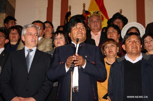 Bolivia's President Evo Morales gives a speech after the news of Venezuelan President Hugo Chavez's death was released, in La Paz, Bolivia, on March 5, 2013. According to the local press reports, Evo Morales said he is 