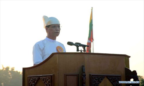 Myanmar Vice President Sai Mauk Kham reads the Independence Day message of President U Thein Sein during a ceremony marking the 65th Anniversary of Myanmar's independence in Nay Pyi Taw, Myanmar, January 4, 2013.