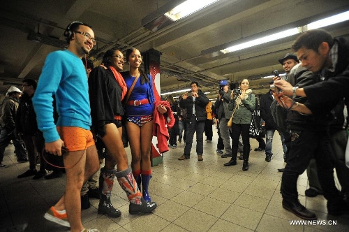 Participants take part in the No Pants Subway Ride in New York, the United States, on Jan. 13, 2013. (Xinhua/Wang Lei)