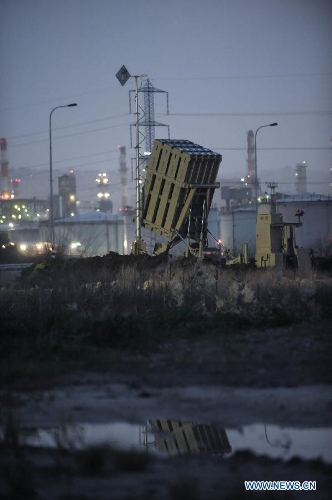 An Iron Dome battery is deployed in the Haifa area, North Israel, on Jan. 27, 2013. Israel has recently deployed Iron Dome anti-missile batteries in its northern part, an Israeli Defense Forces (IDF) spokesperson confirmed Sunday. (Xinhua/Jini) Related:Iron Dome batteries deployed in northern IsraelJERUSALEM, Jan. 27 (Xinhua) -- Israel has recently deployed Iron Dome anti-missile batteries in its northern part, an Israeli Defense Forces (IDF) spokesperson confirmed Sunday.The batteries were placed in various cities up north, including the city of Haifa and some areas which have suffered barrages of missiles from Lebanon during the 2006 war. Full story