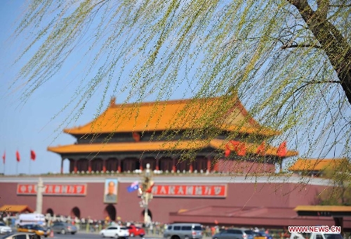 Willow branches swing near the Tian'anmen Rostrum in Beijing, capital of China, April 8, 2013. (Xinhua/Chen Yehua) 