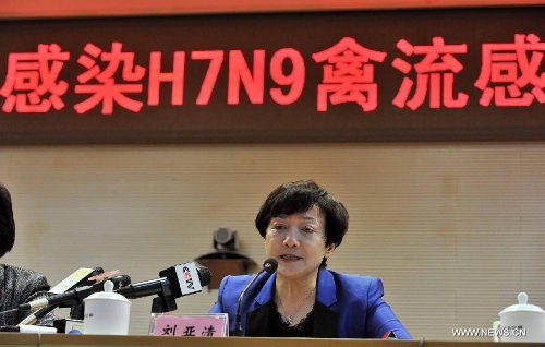 Liu Yaqing, deputy director of Beijing Municipal Bureau of Agriculture, speaks during a press conference in Beijing, capital of China, April 13, 2013. A seven-year-old girl in Beijing was infected with the H7N9 strain of bird flu, the first such case in the Chinese capital, local health authorities said Saturday. (Xinhua/Li Wen)Related:Beijing reports first case of H7N9 infectionBEIJING, April 13 (Xinhua) -- A seven-year-old girl in Beijing was infected with the H7N9 strain of bird flu, the first such case in the Chinese capital, local health authorities said Saturday.The case was confirmed following a test by the Chinese Center for Disease Control and Prevention early on Saturday. Full story