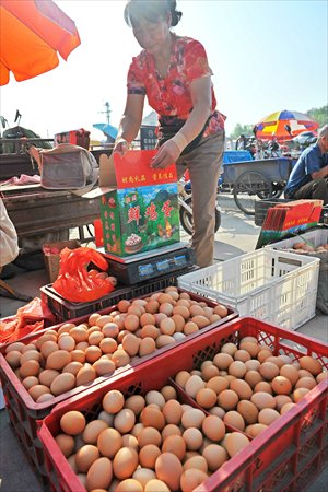 A vendor weighs a box of eggs at a wet market in Qingzhou, Shandong Province, Tuesday. According to the Xinhua News Agency's monitoring system, nationwide egg prices have jumped by more than 20 percent over the past two months, reaching an average of 11.12 yuan ($1.82) per kilogram as of Monday. Photo: CFP