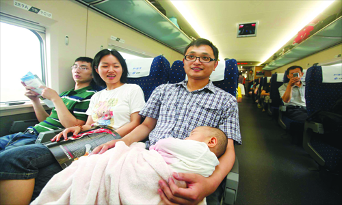 Parents riding the Beijing to Shanghai high-speed railway with their baby. 