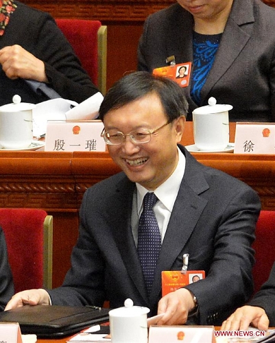   Yang Jiechi attends the sixth plenary meeting of the first session of the 12th National People's Congress (NPC) at the Great Hall of the People in Beijing, capital of China, March 16, 2013. Yang Jing, Chang Wanquan, Yang Jiechi, Guo Shengkun and Wang Yong were endorsed as state councilors of China at the meeting here on Saturday. (Xinhua/Wang Song)