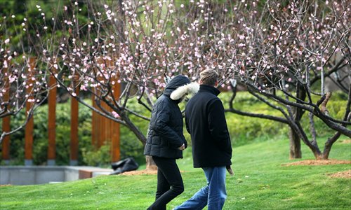 Two foreigners walk in a city park Sunday while the flowers bloom. The temperature plunged to 11 C Sunday, down from Saturday's high of 29.5 C. Photo: Yang Hui/GT