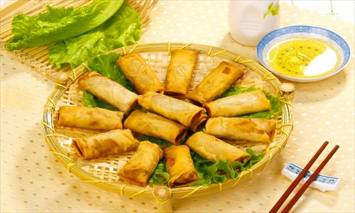 A plate of fried spring rolls