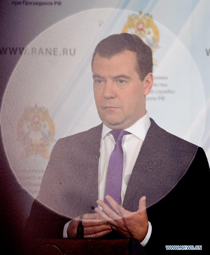 Russian Prime Minister Dmitry Medvedev addresses the Gaidar forum in Moscow, Russia, Jan. 16, 2013. Participation in the BRICS was the most promising route for Russia's integration into the global economy, Prime Minister Dmitry Medvedev said Wednesday at the ongoing Gaidar forum. (Xinhua/Jiang Kehong)
