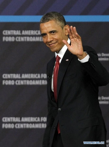 U.S. President Barack Obama arrives at the venue of Central America Forum for a Sustainable Economic Development in which he takes part along with Costa Rica's President Laura Chinchilla, in San Jose, capital of Costa Rica, on May 4, 2013. (Xinhua/Kent Gilbert)