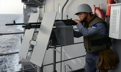 A Taiwan sailor operates a machine gun on a Kidd-class destroyer as it patrols in the Taiwan Straits during a drill on Wednesday aimed at defending its fishermen in disputed waters. Photo: AFP