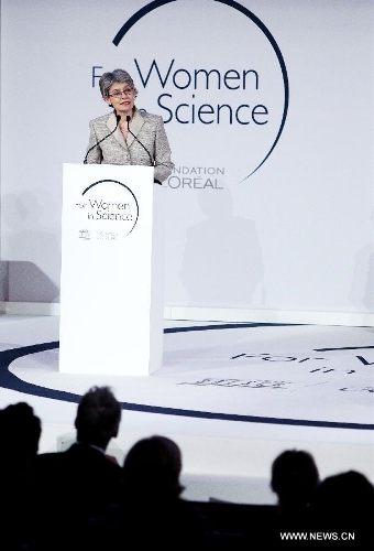 Irina Bokova, Paris-based UN Educational Scientific and Cultural Organization (UNESCO) Director-General, speaks during the award ceremony of L'Oreal-UNESCO for Women in Science 2013, in Paris, France, March 28, 2013. The award ceremony of L'Oreal-UNESCO for Women in Science 2013 was held in Paris on Thursday. (Xinhua/Gao Jing) 