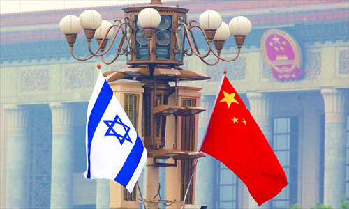 Israel and China's national flags fly over Tiananmen Square for the arrival of Israeli Prime Minister Benjamin Netanyahu on a state visit to Beijing on May 8, 2013. Photo: IC