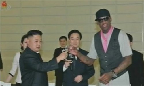 Kim Jong-un (left) and Rodman are having a toast.Photo: KCNA