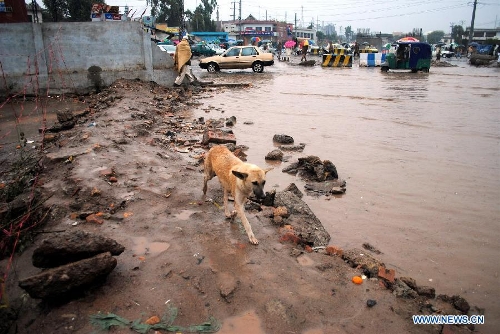 A street is flooded in northwest Pakistan's Peshawar Feb. 6, 2013. At least 17 people were killed, 31 injured and many others displaced after moderate to heavy rainfall lashed several areas of Pakistan over the last 72 hours, local TV Dunya reported on Tuesday. (Xinhua/Umar Qayyum) 