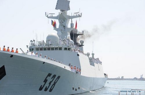Chinese People's Liberation Army (PLA) Navy soldiers aboard the frigate 
