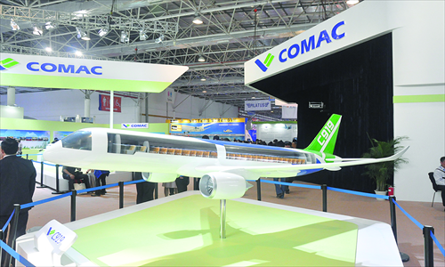 A C919 aircraft model exhibited at the Airshow Photo: Xu Tianran / GT