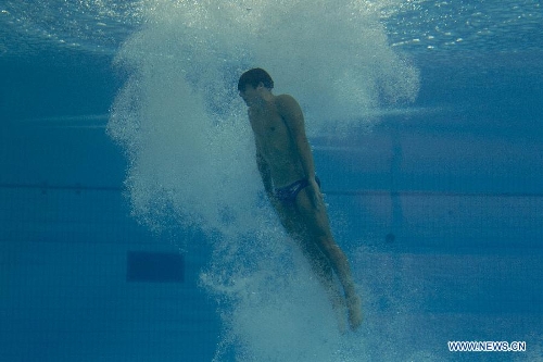 British diver Christopher Mears competes in the men's 3m springboard single semifinals during the fifth stage of the Diving World Series of International Swimming Federation (FINA) in Guadalajara, Jalisco, Mexico, on May 18, 2013. (Xinhua/Alejandro Ayala) 