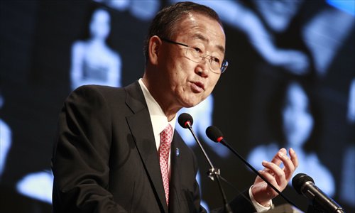 Ban Ki-moon gives a speech at “The Future We Want” event in Beijing Wednesday. Photo: Li Hao/GT
