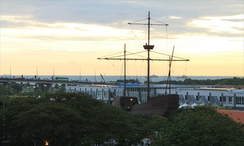 Ships can be seen sailing in the Strait of Malacca from St. Paul's Hill located in Malacca City. Photo: Wang Haifeng/GT